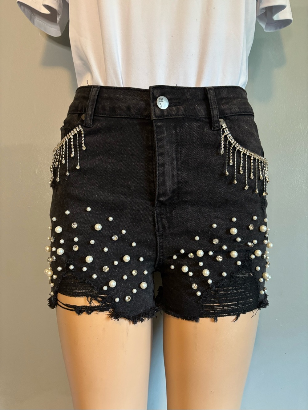 Black Pearl & Chain-Embellished High-Waist Denim Shorts